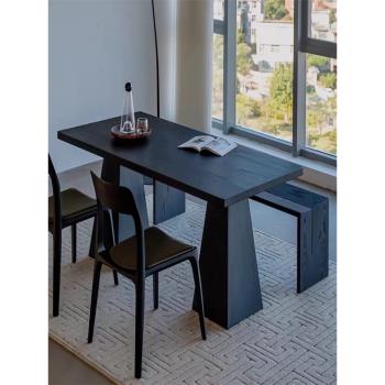 侘寂風新中式黑色實木餐桌原木簡約泡茶桌長方形大板辦公桌子飯桌