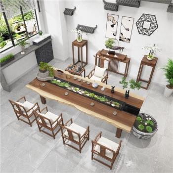 新中式茶室實木休閑桌養魚茶臺循環流水功夫茶桌椅組合辦公室茶桌