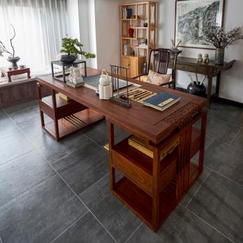 新中式書桌禪意實木雕花書法桌寫字臺家用辦公老板桌電腦桌椅組合