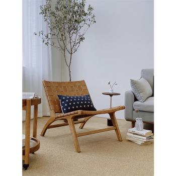 設計師復古實木真皮單椅編織椅牛皮休閑椅單人沙發椅陽臺馬鞍椅子