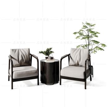 新中式單人沙發椅現代實木休閑椅三件套陽臺臥室客廳圍椅洽談椅