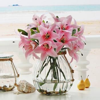 和家美式鄉村透明玻璃瓶PU百合繡球假花康乃馨雛菊仿真茶幾餐桌花