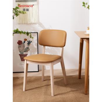 北歐簡約設計師咖啡店原木色時尚餐椅實木靠背皮革軟包單人椅