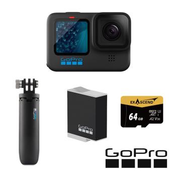 【GoPro】HERO 11 輕旅自拍套組 (HERO11單機+Shorty迷你延長桿+腳架+Enduro原廠充電電池+64G記憶卡) 正成公司貨