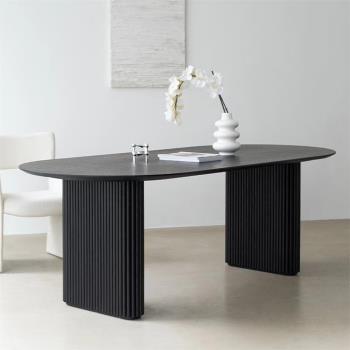 侘寂風實木長餐桌橢圓形家用桌椅北歐碳化黑簡約工作臺創意會議桌