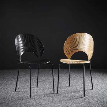 丹麥貝殼椅復古家用鐵藝椅子現代實木靠背創意簡約餐椅北歐設計師