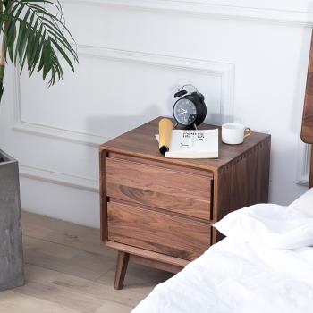 北歐黑胡桃木床頭柜現代簡約實木床邊柜日式雙抽臥室床頭柜