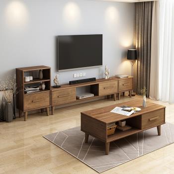 現代簡約全實木電視柜茶幾組合北歐小戶型窄客廳臥室原木電視機柜