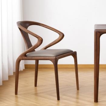 北歐新中式真皮實木餐椅黑胡桃木家用書桌椅輕奢設計師椅子傳世椅