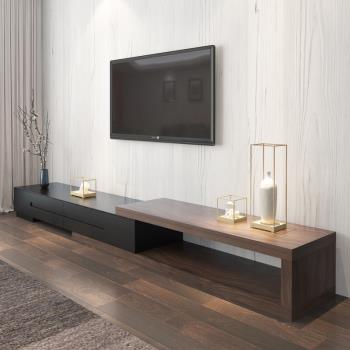 北歐電視柜茶幾組合 現代簡約黑色橡木紋可伸縮電視機柜客廳地柜