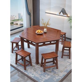 六角桌實木六邊形桌巖板餐桌椅子飯店用新中式原木茶樓吃飯桌子