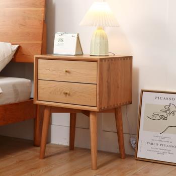 北歐櫻桃木床頭柜橡木實木雙抽儲物收納現代簡約床邊柜臥室家具