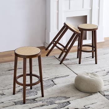 實木椅子家用現代簡約餐椅輕奢藤編吧椅北歐網紅餐廳圓凳高腳凳子
