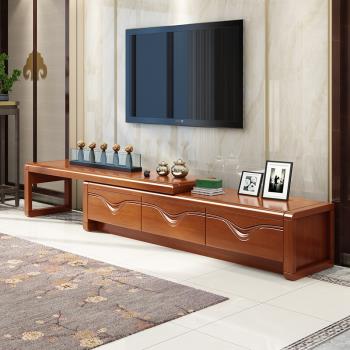新中式客廳實木電視柜現代簡約家用經濟型簡易伸縮電視柜組合墻柜