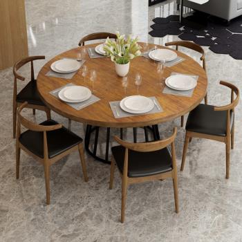 北歐實木圓形餐桌現代簡約飯店大小木圓桌吃飯客廳家用餐桌椅組合