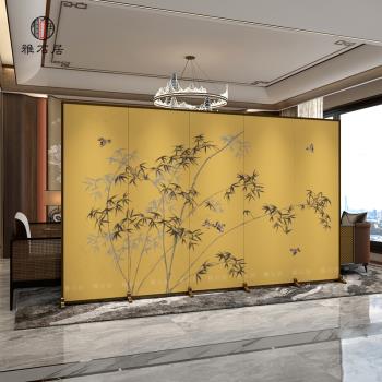 新中式金箔屏風隔斷折疊移動客廳遮擋茶室背景墻攝影室竹子折屏