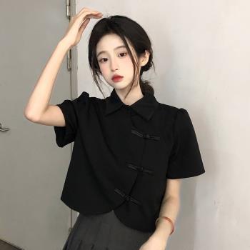 中國風黑色襯衫女裝寬松短款盤扣