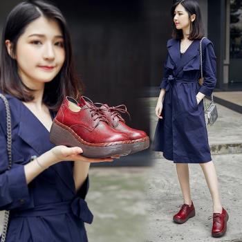 2025春季新品原創厚底真皮鬆糕底單鞋女系帶高跟休閑女鞋手工皮鞋