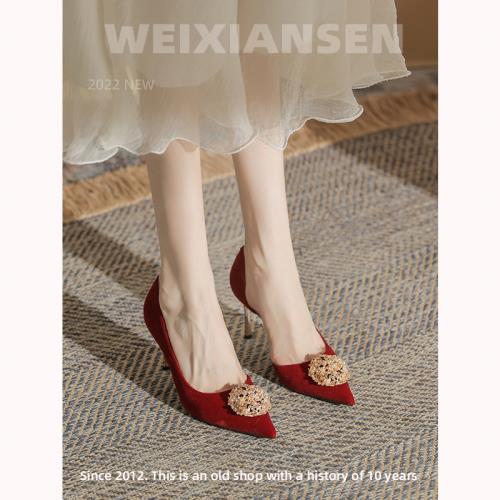 微先生 法式高跟鞋女 婚紗禮服blingbling囍婚鞋紅色秀禾新娘鞋女