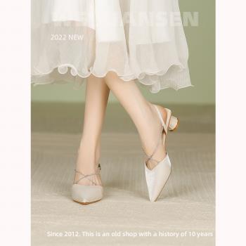 韓版新款白色后空綁帶包頭高跟鞋