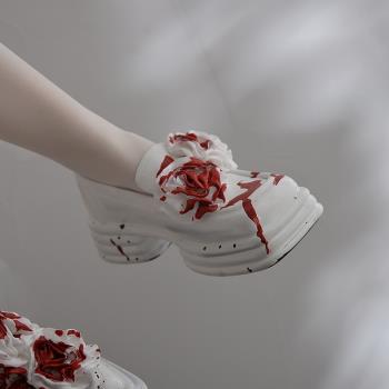 法國小眾daymare Les fleurs du 血染設計白色玫瑰方頭厚底樂福鞋
