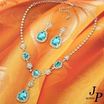 【Jpqueen】湖中女神淚滴水晶耳環項鍊二件套組(湖藍色)
