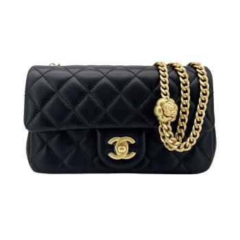 Chanel Mini Flap 菱格紋小羊皮山茶花調節鏈帶肩背/斜揹包(AS4041-黑)