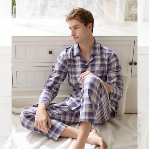 【GOLDDEER 金鹿】風潮格100%純棉秋款長袖衣褲裝睡衣 -灰紫格【M2460-50】