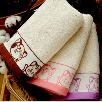 【台灣興隆毛巾】有機棉 福氣Q貓咪緞條毛巾 12條毛巾整打組 (無染毛巾) 加贈方巾