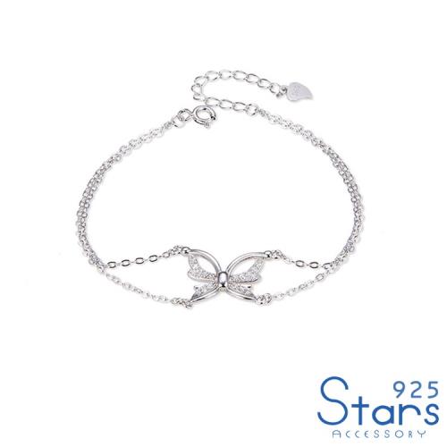 【925 STARS】純銀925微鑲美鑽鑲嵌縷空蝴蝶雙層鍊帶造型手鍊 造型手鍊 美鑽手鍊