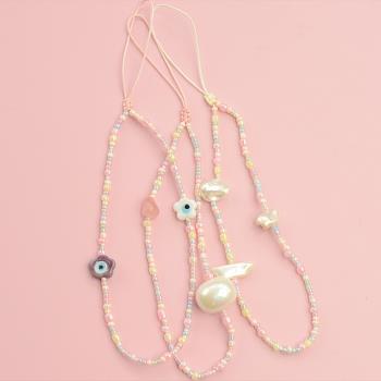 粉粉的米珠珍珠貝殼琉璃個性可愛手機鏈手機防丟裝飾吊墜掛件短