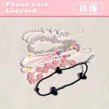 小清新彩色愛心鏈條手機殼掛件適用iPhone13彩珠便攜手腕帶繩手提