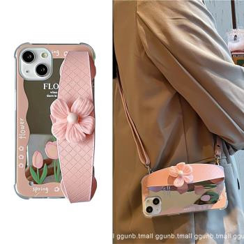韓風鏡面鬱金香花朵腕帶適用iphone14pro max手機殼蘋果13/12矽膠11防摔x/xs/xr斜挎繩7p/8plus潮7/8/se2女6p
