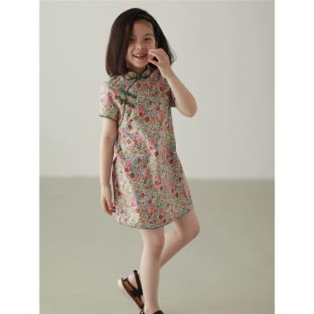 小女孩旗袍兒童春夏唐裝女寶寶短袖印花漢服純棉中國風連衣裙女童