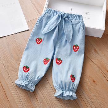 夏季牛仔洋氣草莓刺繡七分褲薄款