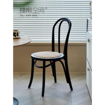北歐實木餐椅家用小戶型vintage咖啡廳靠背椅餐廳櫻桃木藤編椅子