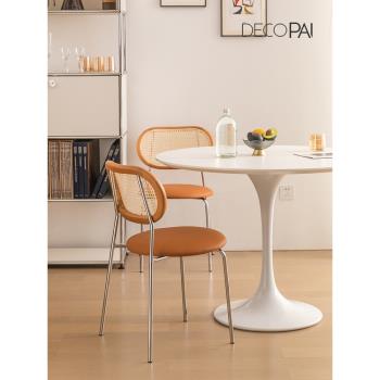 藤編餐椅中式復古簡約北歐家用餐廳靠背軟包不銹鋼設計師中古椅子