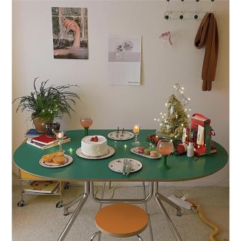 餐桌中古綠色不銹鋼橢圓桌彩色ins風vintage實木多層辦公會議桌子