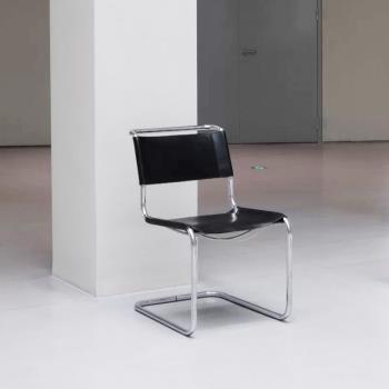 意式極簡北歐包豪斯不銹鋼餐椅現代加厚皮革中古家具輕奢懸臂椅子