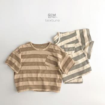 復古調調~個性條紋~新款夏季韓版兒童T恤短袖男女寶森系打底上衣