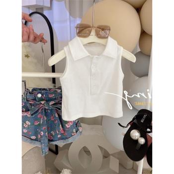 女童韓版洋氣翻領背心2023夏季無袖POLO領純色上衣女寶寶外穿T恤