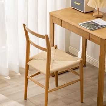 實木餐椅日式小戶型餐廳網紅中古牛皮編椅子現代簡約靠背休閑椅