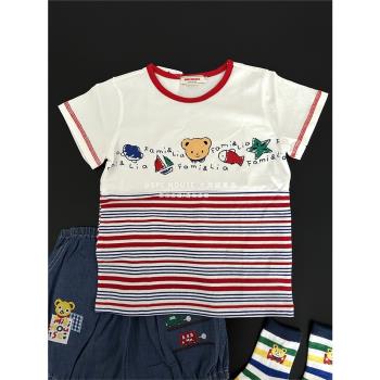 日系兒童夏季短袖全棉卡通小熊半袖彈力男女可愛拼接上衣寶寶T恤