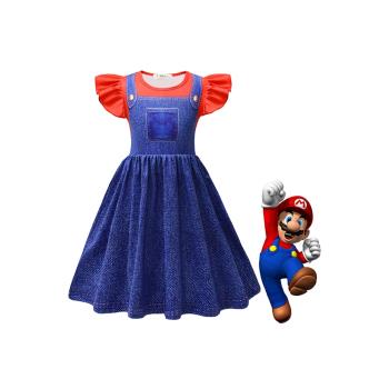 女童飛袖牛奶絲連衣裙夏季兒童裙子卡通動漫超級Mario新款跨境