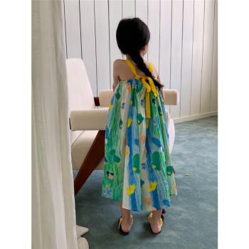 2023夏季新款韓國ins兒童親子姐弟兄妹裝水墨涂鴉印花襯衫吊帶裙