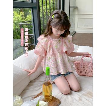 女童t恤夏裝2023新款韓版洋氣兒童短袖小女孩夏季泡泡袖半袖上衣