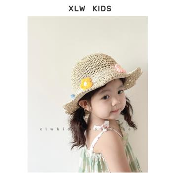 ins花朵夏季兒童遮陽帽子可愛韓版女寶寶草編漁夫帽公主沙灘草帽