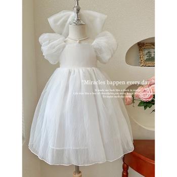 女童連衣裙夏裝洋氣寶寶白色花童禮服裙高端演出服兒童公主蓬蓬裙