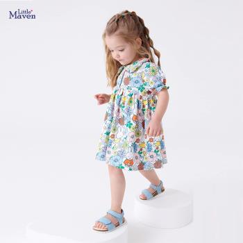 Little maven夏季女童裙新款童裝卡通兔子翻領洋氣兒童短袖連衣裙