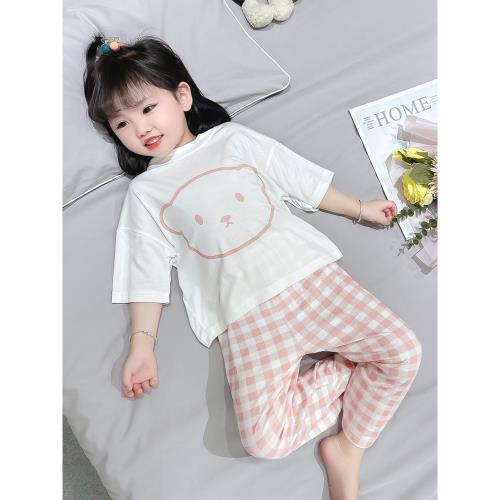 女童莫代爾睡衣兒童夏季家居服純棉小女孩寶寶夏天薄款冰絲空調服